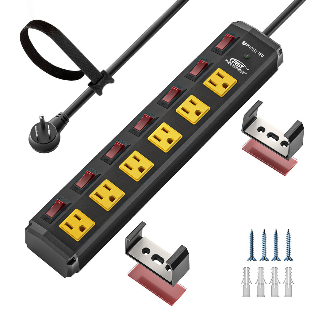 CRST 6 Outlets Individual Switches Mountable Metal Power Strip Surge Protector, 6FT Flat Plug Power Cord
