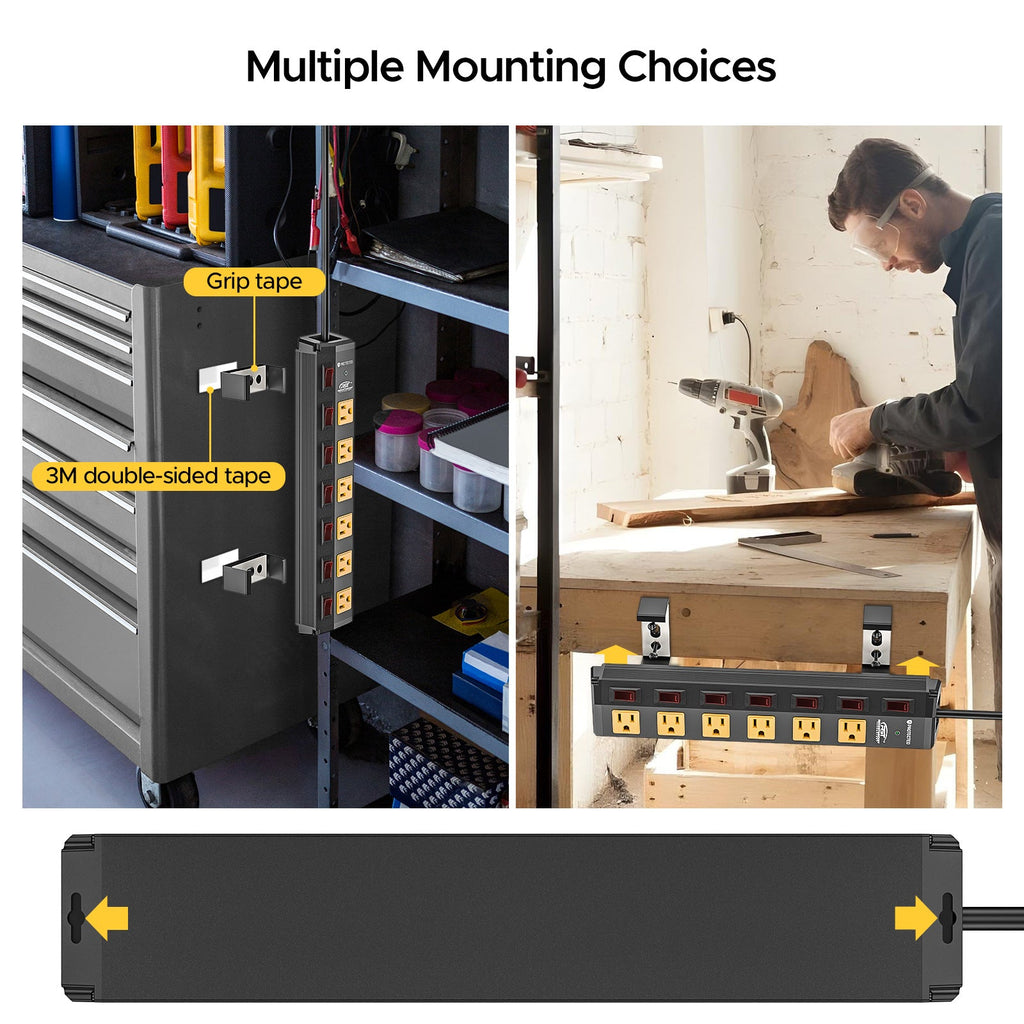 CRST 6 Outlets Individual Switches Mountable Metal Power Strip Surge Protector, 6FT Flat Plug Power Cord