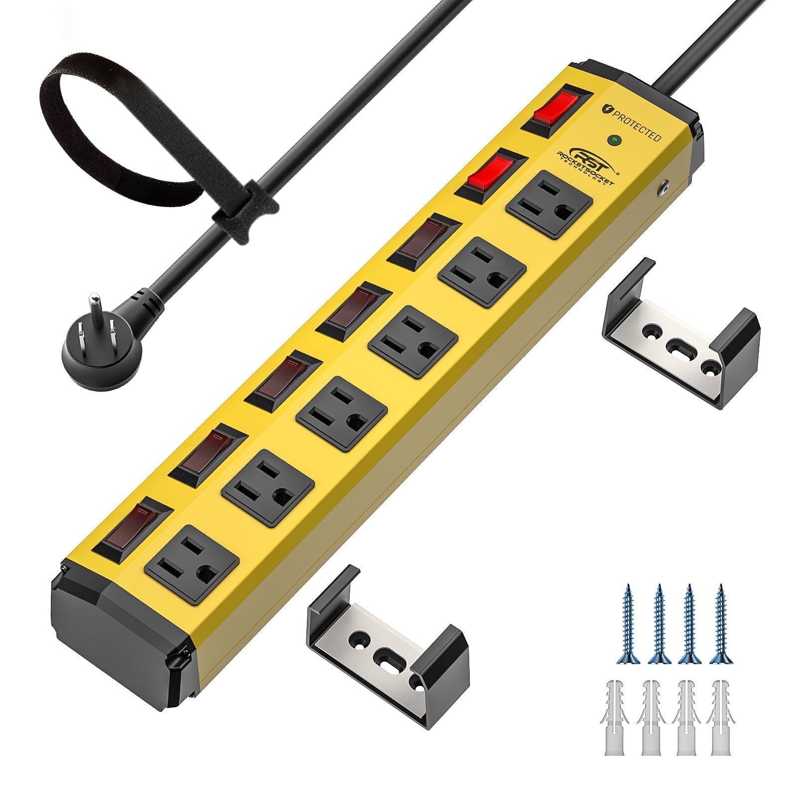 CRST 6 Outlets Individual Switches Mountable Metal Power Strip Surge Protector, 6FT Flat Plug Power Cord