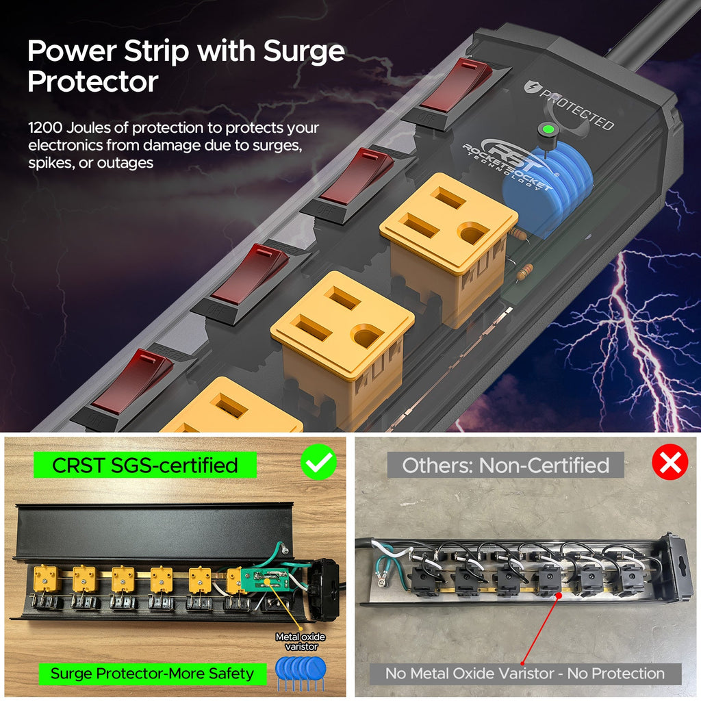 CRST 6 Outlets Individual Switches Mountable Metal Power Strip Surge Protector, 6FT Flat Plug Power Cord